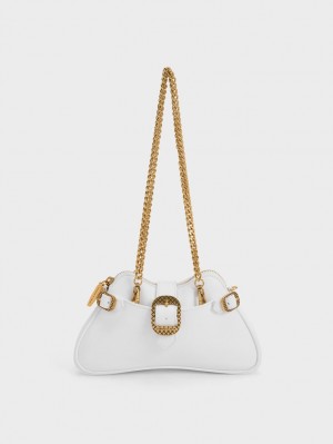 Charles & Keith Eilith Chain-Handle Buckled Skulderveske Hvite | PBGQN1596