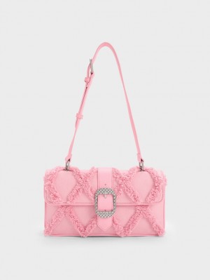 Charles & Keith Eilith Frayed Denim Buckled Skulderveske Rosa | CLPJM4968