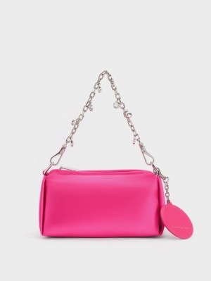 Charles & Keith Embellished Chain Handle Satin Crossbody Veske Rosa | JRVFI5607