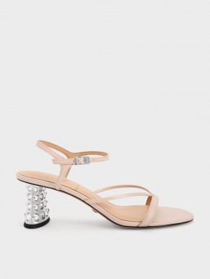 Charles & Keith Embellished Heel Lær Sandaler med Hæl Beige | OHPSI7128