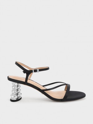 Charles & Keith Embellished Heel Recycled Polyester Sandaler med Hæl Svarte | TQICG6581