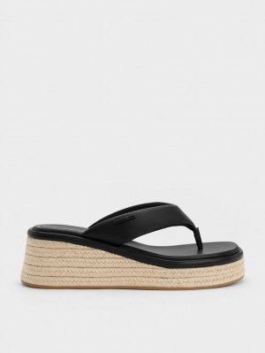 Charles & Keith Espadrille Thong Wedge Svarte | NCZJA0139