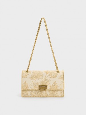 Charles & Keith Floral Illustrated Canvas Skulderveske Beige | IWUCK5467