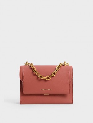 Charles & Keith Front Flap Chain Handle Crossbody Veske Mørke Rød | COZGY7560