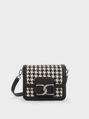 Charles & Keith Gabine Houndstooth Lær Crossbody Veske Svarte Hvite | FUYSX2356