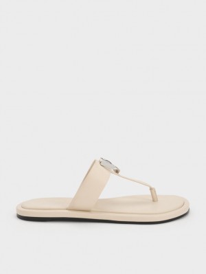 Charles & Keith Gabine Lær Thong Flate Sandaler Pisket Krem | FNOKA9061