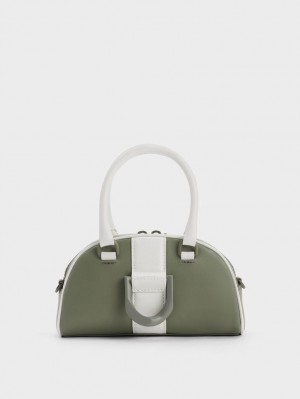 Charles & Keith Gabine Two-Tone Lær Bowling Tote Veske Olivengrønne | IDXCY8405