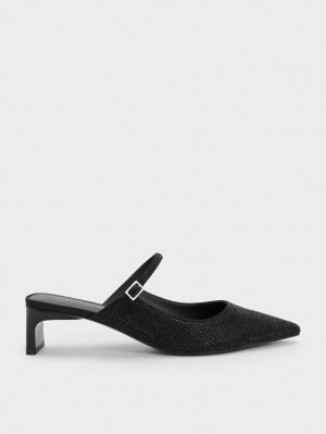 Charles & Keith Gem-Embellished Blade Heel Mules Sko Svarte | GBDMQ6570