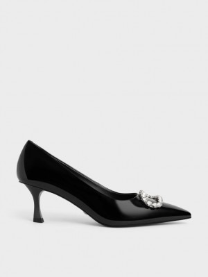 Charles & Keith Gem-Embellished Patent Lær Pumps Svarte | LGEUS9308