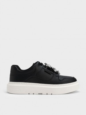 Charles & Keith Gem-Embellished Platform Sneakers Svarte | ZUHMW9527