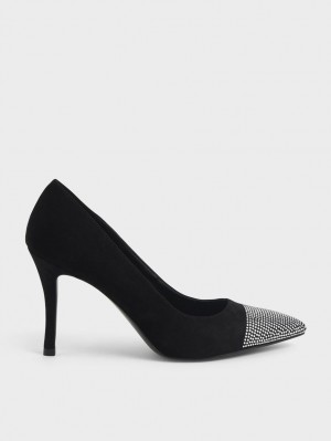 Charles & Keith Gem-Embellished Textured Stiletto Pumps Svarte | STNDE6408