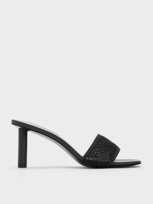 Charles & Keith Gem-Encrusted Cylindrical Heel Mesh Sandaler med Hæl Svarte | GPBES9846