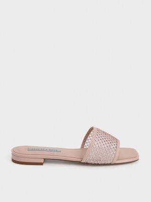 Charles & Keith Gem-Encrusted Mesh Slidesandaler Beige | PVUCB7503