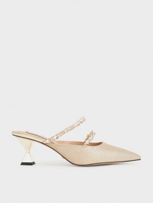 Charles & Keith Gem-Encrusted Metallic Glittered Mules Sko Gull | IHSAQ0291