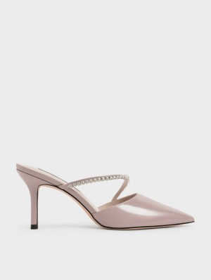 Charles & Keith Gem-Encrusted Patent Mules Sko Lilla | ZMEYB0382