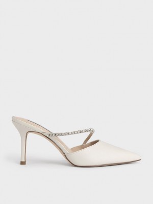 Charles & Keith Gem-Encrusted Stiletto Mules Sko Hvite | HTQDM4576