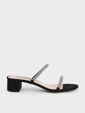 Charles & Keith Gem-Encrusted Strappy Hælene Mules Sko Svarte | KTSWX7548