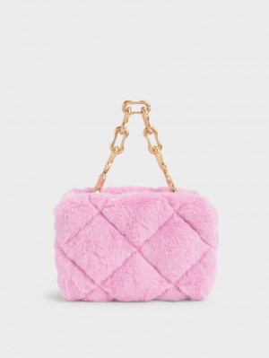 Charles & Keith Gemma Chunky Chain Handle Furry Vattert Boxy Crossbody Veske Rosa | DAHPF0583