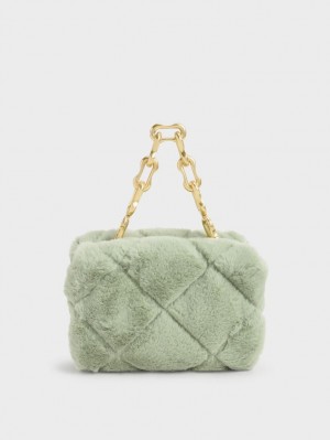 Charles & Keith Gemma Chunky Chain Handle Furry Vattert Boxy Crossbody Veske Mint | PZLDJ7659