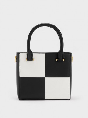 Charles & Keith Georgette Checkered Square Tote Veske Svarte Hvite | KTDOB2490