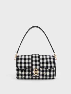 Charles & Keith Gingham Belted Crossbody Veske Svarte Hvite | YSRIJ5710