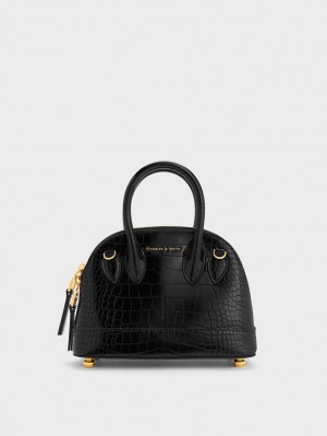 Charles & Keith Harmonee Croc-Embossed Bowling Tote Veske Svarte | UJOLM8615