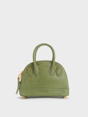 Charles & Keith Harmonee Croc-Embossed Bowling Tote Veske Olivengrønne | OEJVY7536