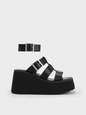 Charles & Keith IIsa Flatform Gladiator Platåsandaler Svarte | EOFKP4806