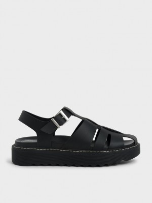 Charles & Keith Interwoven Buckled Platåsandaler Svarte | GVKBD2651