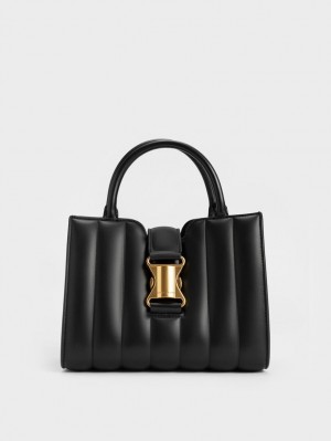 Charles & Keith Ivy Panelled Metallic Spenne Tote Veske Svarte | KHGED4861