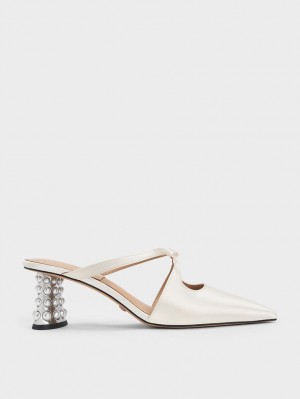 Charles & Keith Jacinda Beaded Heel Bow Mules Sko Hvite | NETQS2934