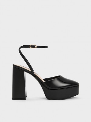 Charles & Keith Jemma Patent Platform Ankle-Reima Pumps Svarte | QHINJ4861