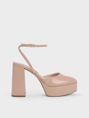 Charles & Keith Jemma Patent Platform Ankle-Reima Pumps Beige | DCEAS2764