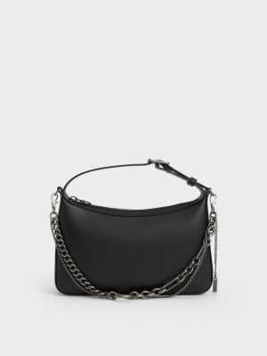 Charles & Keith Jules Lær Chain-Embellished Tote Veske Svarte | SQFIU4362