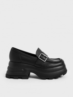 Charles & Keith Jules Platform Buckled Loafers Svarte | PAKLH6827