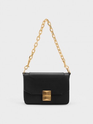 Charles & Keith Kalinda Metallic Accent Boxy Skulderveske Svarte | LFMQG6419