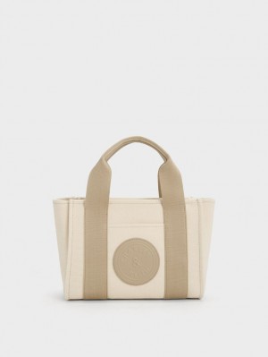 Charles & Keith Kay Canvas Contrast-Trim Tote Veske Beige | RZBXE4217