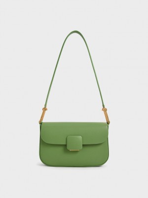 Charles & Keith Koa Square Push-Lock Skulderveske Grønn | GQJDS5173