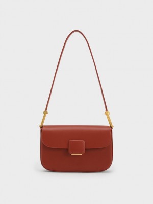 Charles & Keith Koa Square Push-Lock Skulderveske Mørke Rød | QPABT6103