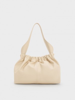 Charles & Keith Large Ally Ruched Slouchy Tote Veske Beige | NYKEB6280