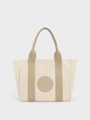 Charles & Keith Large Kay Canvas Contrast-Trim Tote Veske Beige | UXIMW6185