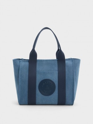 Charles & Keith Large Kay Denim Contrast-Trim Tote Veske Blå | YFIQO6794