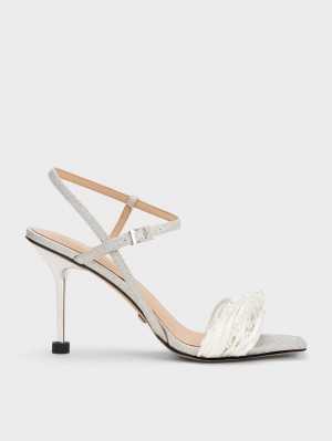 Charles & Keith Leda Beaded Asymmetric Glittered Sandaler med Hæl Sølv | QPKZO8759