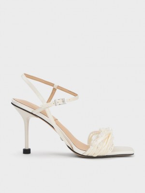 Charles & Keith Leda Beaded Asymmetric Satin Sandaler med Hæl Hvite | LKTIA1937