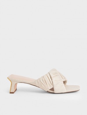 Charles & Keith Linen Asymmetric Ruched Mules Sko Pisket Krem | YDANG0492