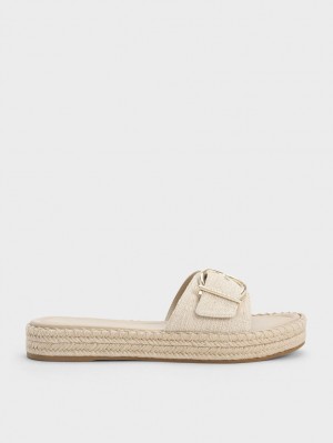 Charles & Keith Linen Buckled Espadrille Flate Sandaler Beige | YDBSI0719