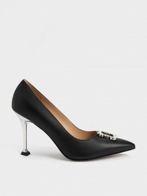 Charles & Keith Lær Gem-Embellished Pumps Svarte | FIDNR1645