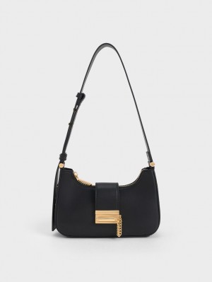 Charles & Keith Metallic Accent Belted Tote Veske Svarte | LMPIH2685