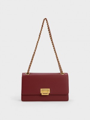 Charles & Keith Metallic Accent Front Flap Skulderveske Burgunder | MNLAT6074