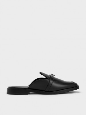 Charles & Keith Metallic Accent Loafer Mules Sko Svarte | RENOW0157